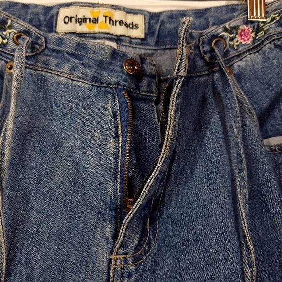 Original Threads Embroidered DenimBlue Jeans Size 9 / 10 Tie Waist Pink Flower  - Picture 6 of 7